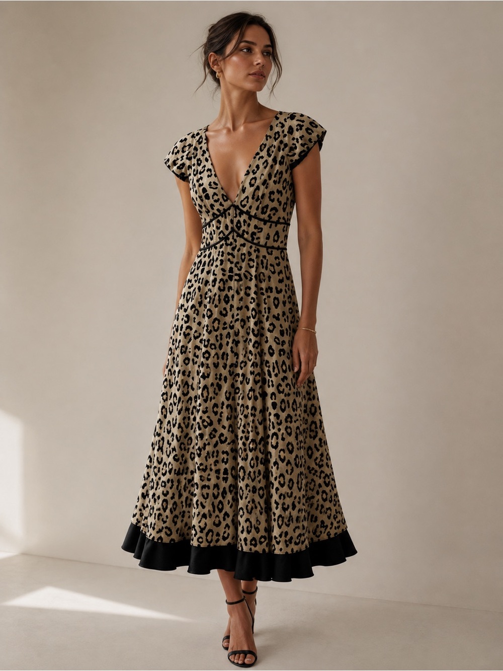 Cinq a Sept Silk Leopard Print Puff Sleeve Midi Dress